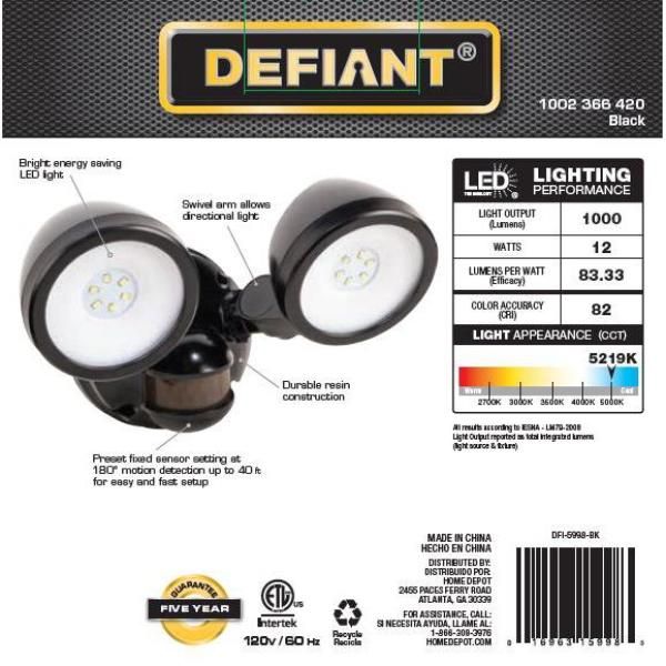 Defiant 180° Black Motion Activated Outdoor Integrated LED Twin Head Flood Light