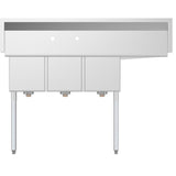 Freestanding Stainless Steel 55 in. 2-Hole Triple Bowl Commercial Kitchen Sink