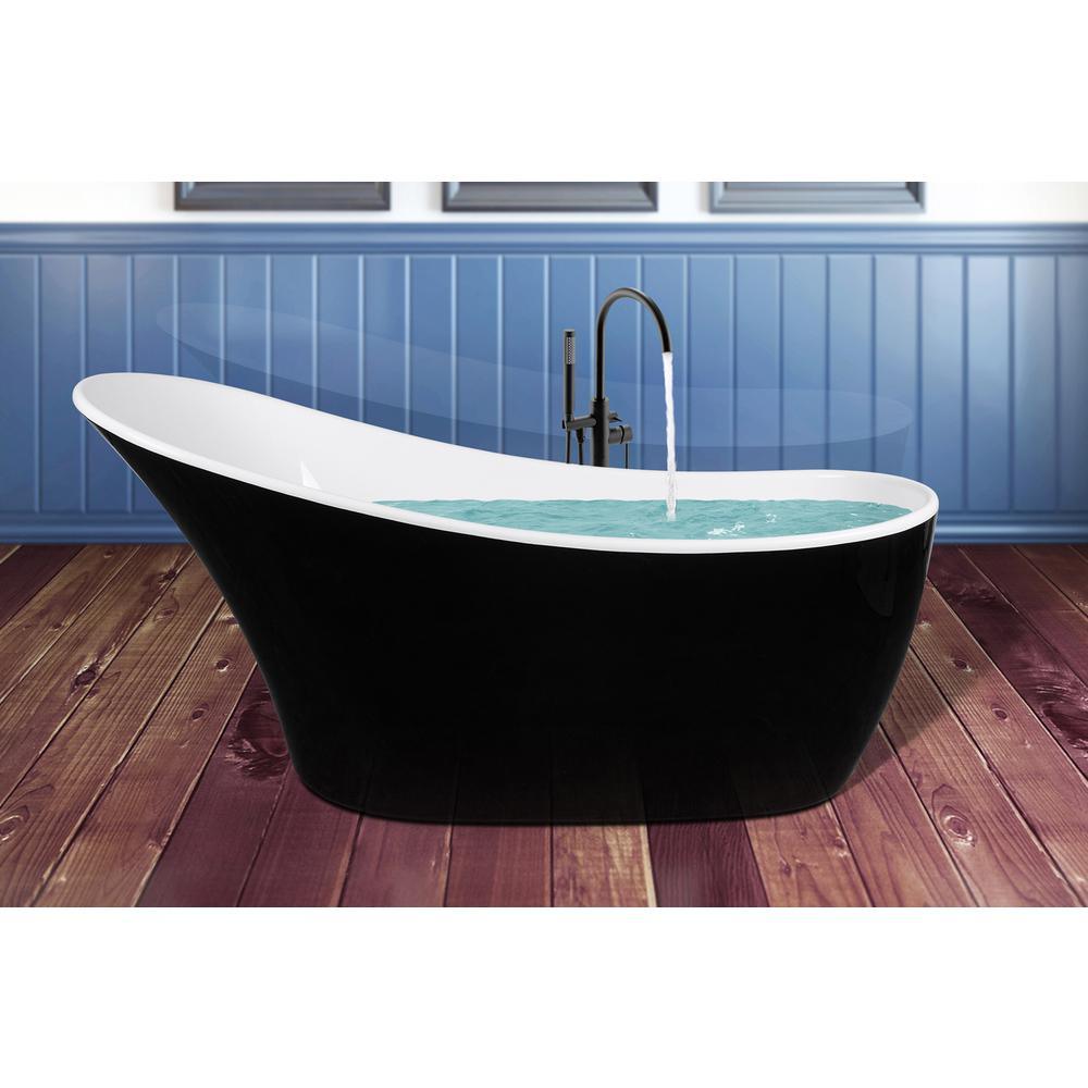 59 in. Glossy Black Fiberglass Non-Whirlpool Bathtub with Tub Filler Combo - Modern Flatbottom Stand Alone Tub - Super Arbor