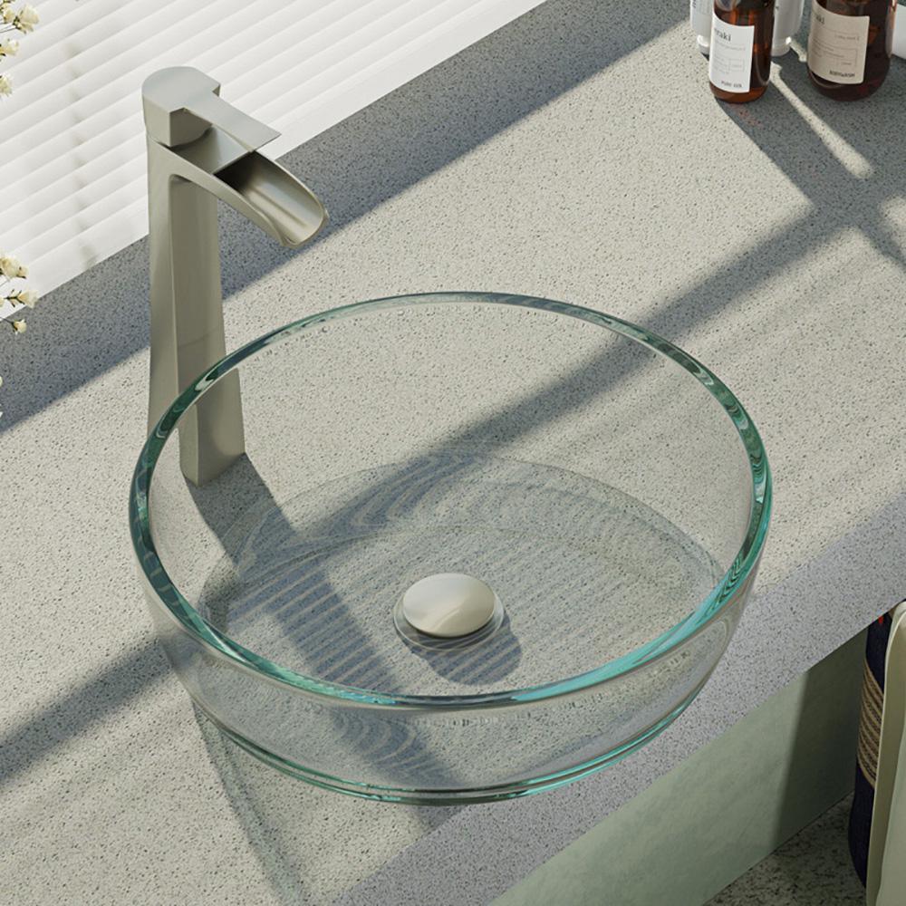 Glass Vessel Sink in Crystal with R9-7007 Faucet and Pop-Up Drain in Chrome - Super Arbor
