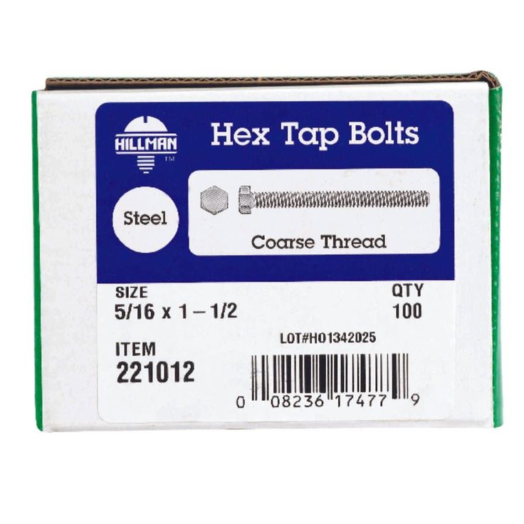 Hillman 5/16 in. Diameter x 1-1/2 in. Length Zinc-Plated Steel Hex Tap Bolt, 100-Pack