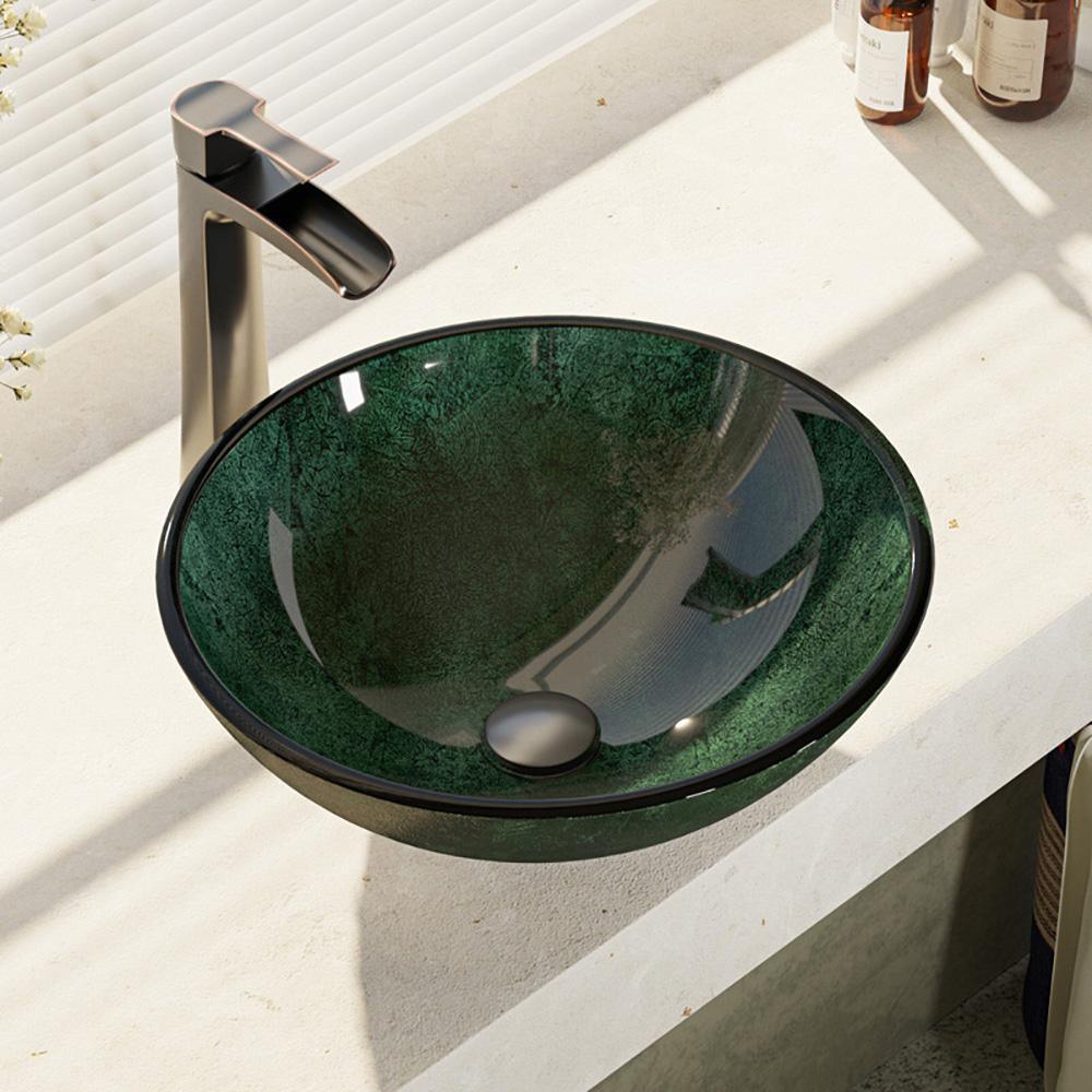 Glass Vessel Sink in Crystal with R9-7007 Faucet and Pop-Up Drain in Chrome - Super Arbor