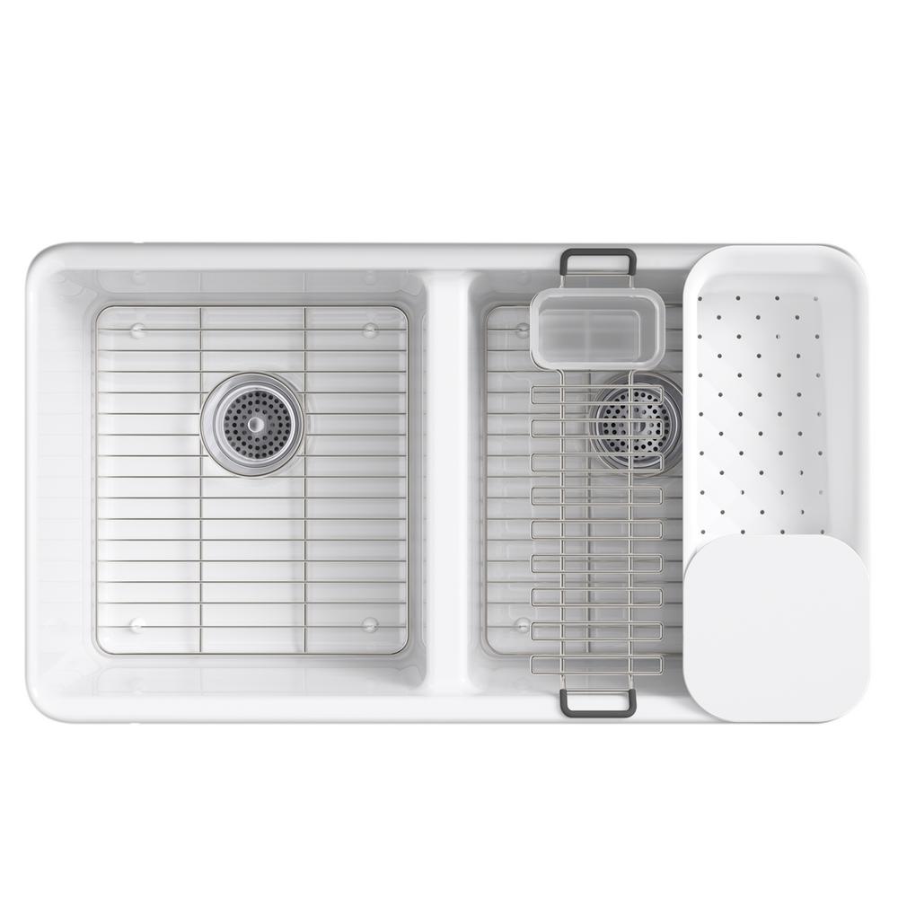 Riverby Workstation Undermount Cast Iron 33 in. 5-Hole Double Bowl Kitchen Sink Kit in White with Accessories - Super Arbor