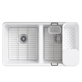 Riverby Workstation Undermount Cast Iron 33 in. 5-Hole Double Bowl Kitchen Sink Kit in White with Accessories - Super Arbor