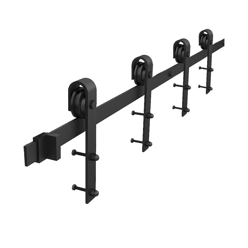 72 in. Frosted Black Sliding Barn Door Hardware Track Kit for Double Doors with Non-Routed Floor Guide - Super Arbor