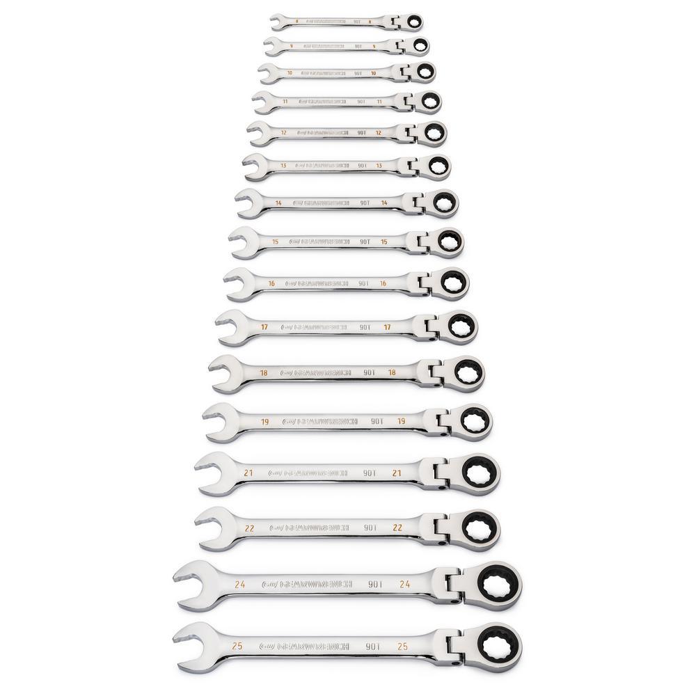 90-Tooth 12-Point Flex Head Ratcheting Combination Metric Wrench Set (16-Piece) - Super Arbor