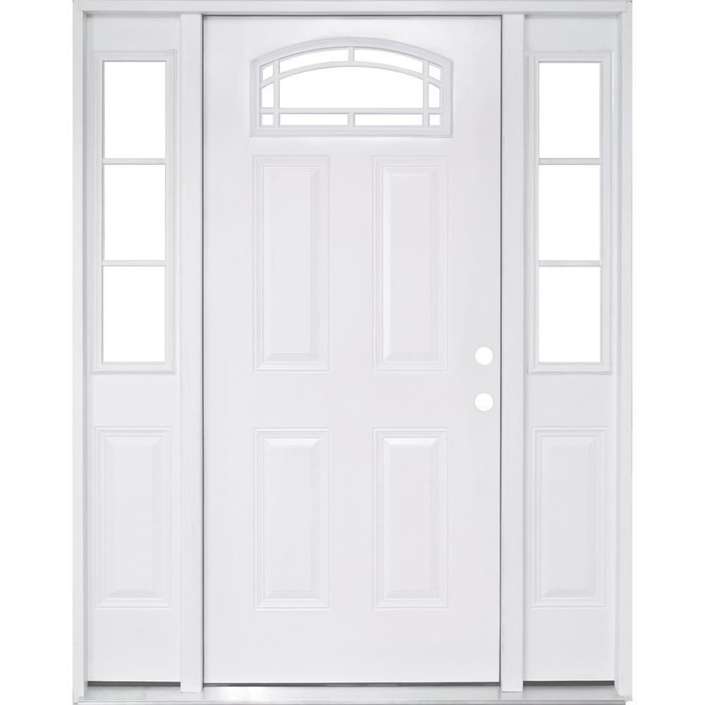 68 in. x 80 in. Camber Top White Left-Hand 14 in. 3-Lite Sidelites Primed Steel Prehung Front Door with 4-9/16 in. Frame - Super Arbor