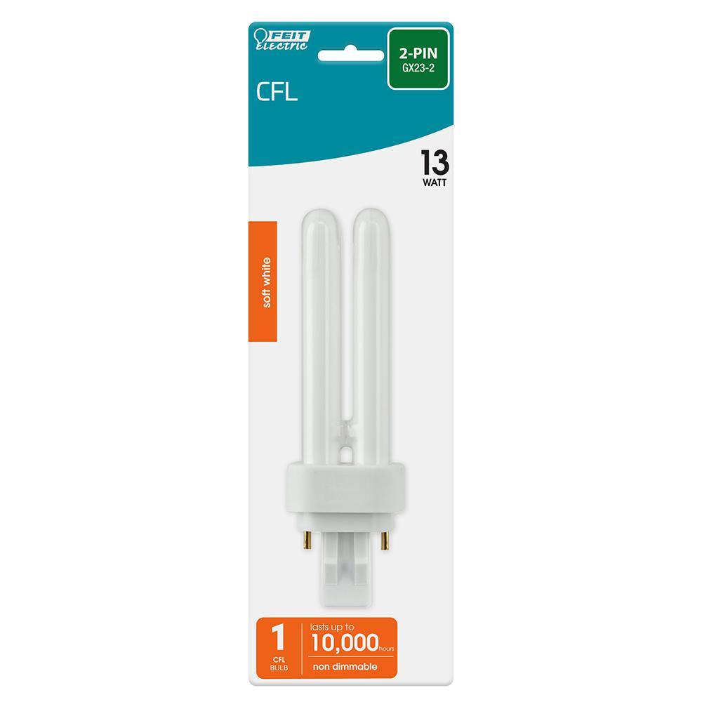 13-Watt Equivalent PL CFLNI Quad Tube 2-Pin GX23-2 Base Compact Fluorescent CFL Light Bulb, Soft White 2700K (1-Bulb) - Super Arbor
