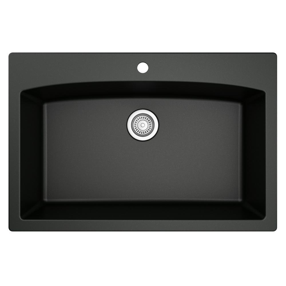Drop-In Quartz Composite 33 in. 1-Hole Single Bowl Kitchen Sink in Black - Super Arbor