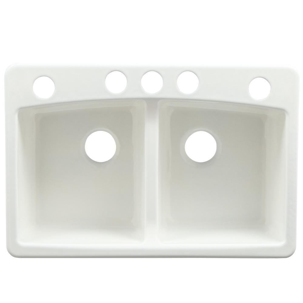 Brookfield Undermount Cast Iron 33 in. 5-Hole Double Bowl Kitchen Sink in White - Super Arbor