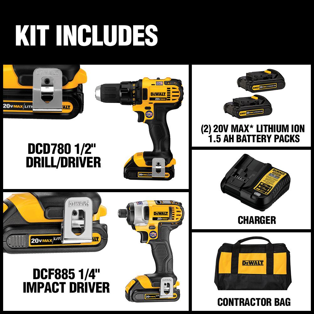 20-Volt MAX Lithium-Ion Cordless Drill/Impact Combo Kit (2-Tool) with 2 Batteries 1.5 Ah, Charger and Tool Bag - Super Arbor