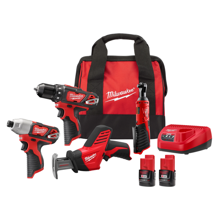 Milwaukee M12 12V Li-Ion Cordless 4-Tool Combo Kit with (2) 1.5Ah Batteries, Charger + PACKOUT Hole Saw Set (10‑Pc)