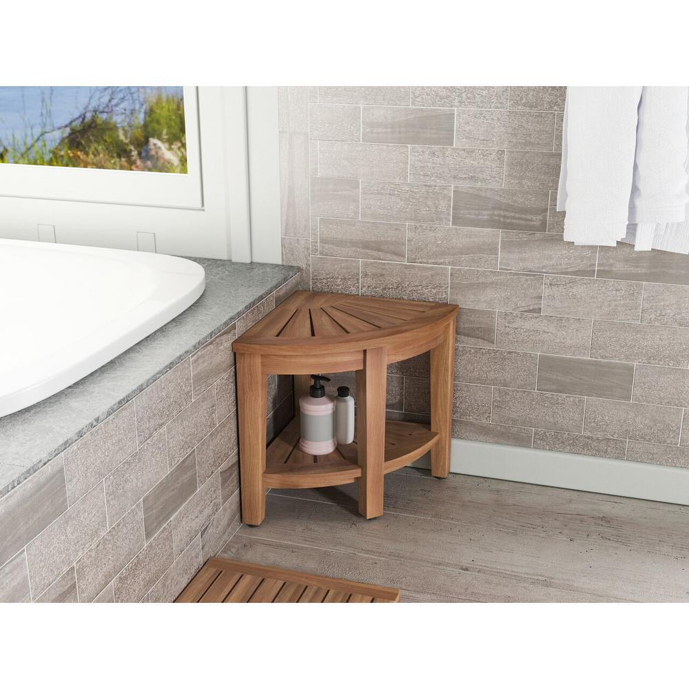 The Original 15.5 in. Kai Corner Teak Shower Bench with Shelf - Super Arbor