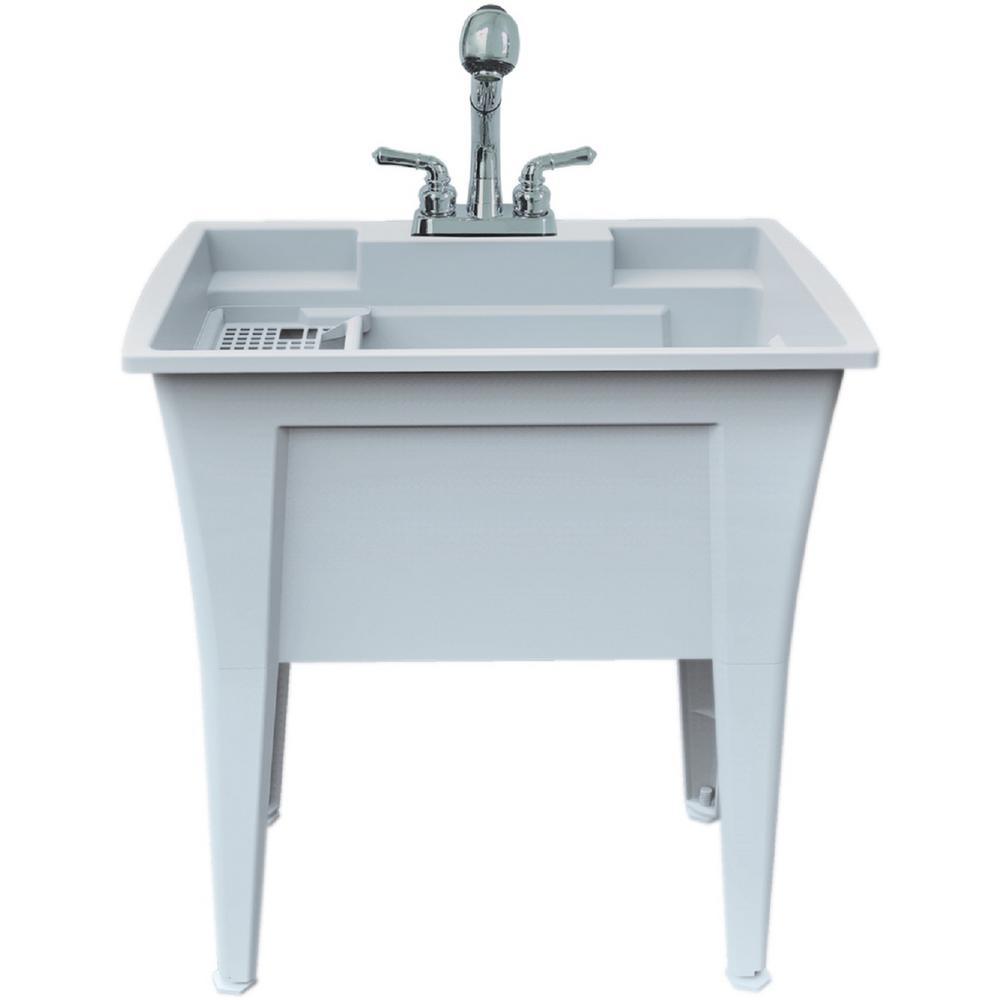 32 in. x 22 in. Polypropylene White Laundry Sink with 2 Hdl Non Metallic Pullout Faucet and Installation Kit - Super Arbor
