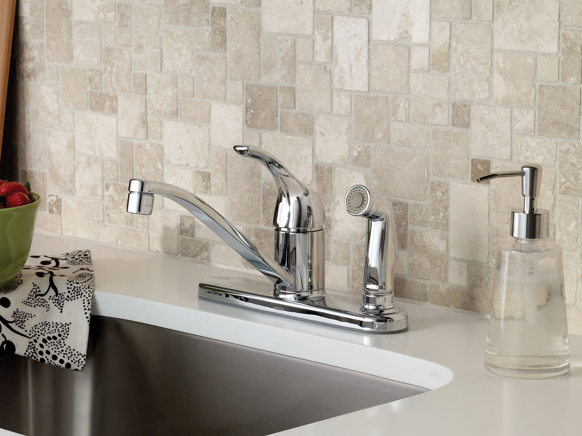 Moen Adler Single-Handle Low Arc Standard Kitchen Faucet with Side Sprayer in Chrome