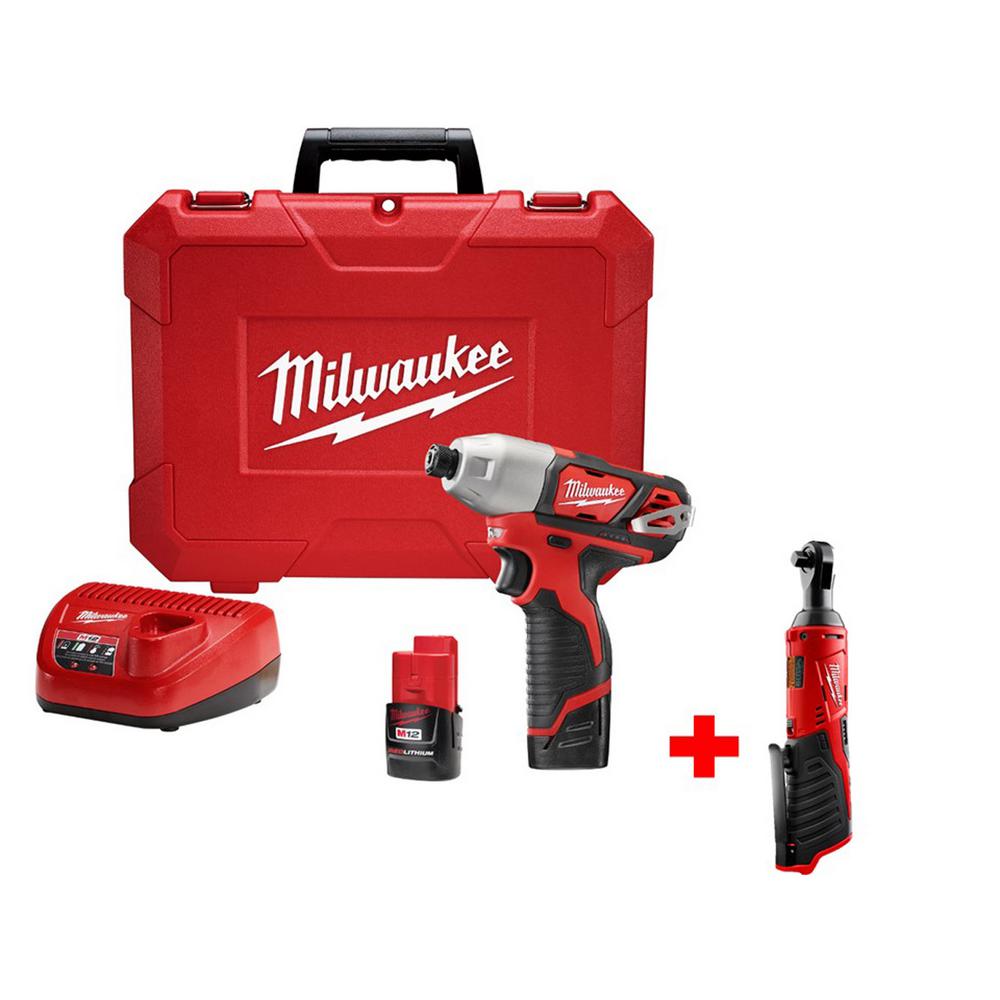 M12 12-Volt Cordless 1/4 in. Hex Impact Driver Combo Kit with Free M12 3/8 in. Ratchet (Tool-Only) - Super Arbor