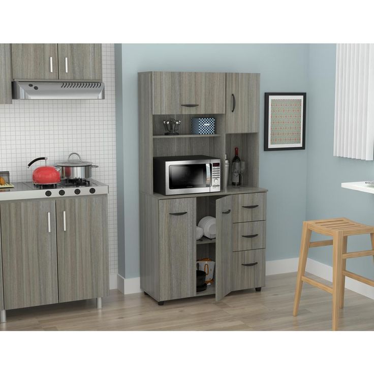 Aoibox Microwave Storage Utility Kitchen Cabinet in Smoke Oak - 35 in. W x 66.1 in. H x 15.4 in. D