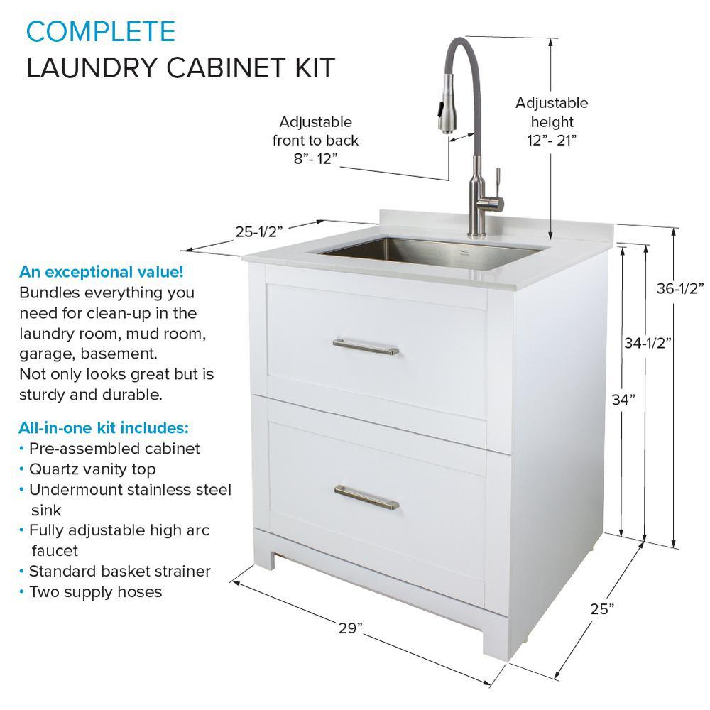 All-in-One 29 in. x 25.5 in. Stainless Steel Quartz Undermount Laundry/Utility Sink and Cabinet with Faucet in White - Super Arbor