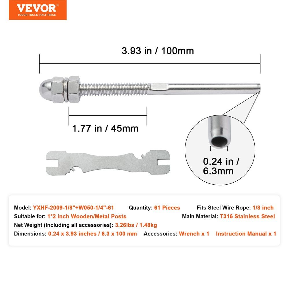 61 Pack Cable Railing Swage Threaded Stud Tension End Fitting Terminal for 1/8in.Deck Cable Railing,Stainless Steel