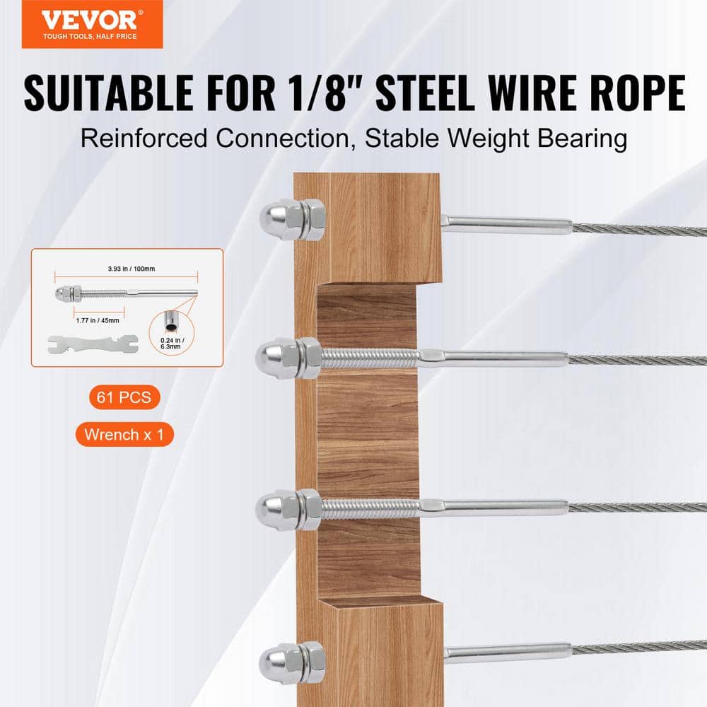 61 Pack Cable Railing Swage Threaded Stud Tension End Fitting Terminal for 1/8in.Deck Cable Railing,Stainless Steel