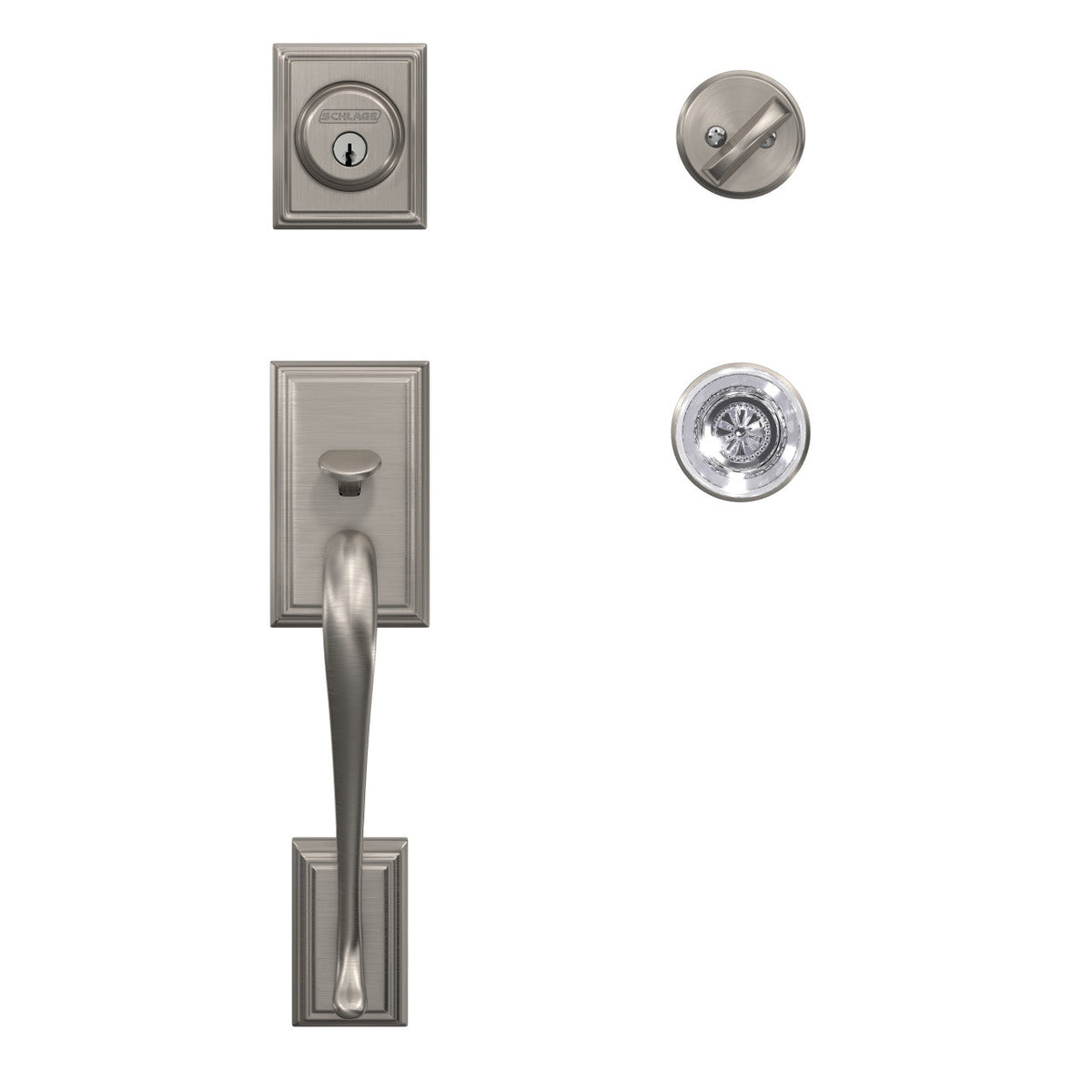Schlage Addison Satin Nickel Dummy Door Handleset with Hobson Glass Knob and Kinsler Trim