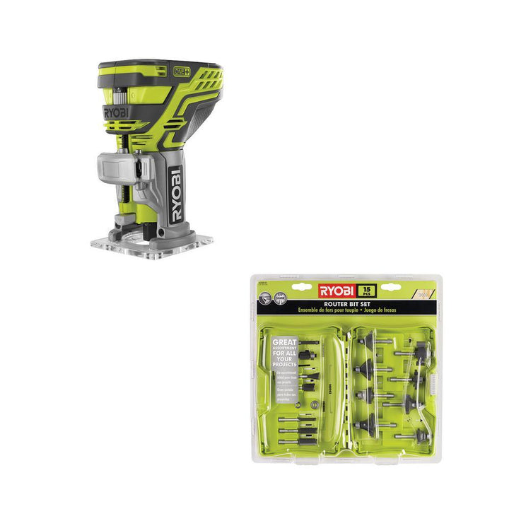 18-Volt ONE+ Cordless Fixed Base Trim Router with Shank Carbide Router Bit Set (15-Piece) - Super Arbor