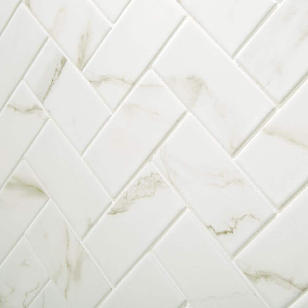 Marazzi Developed by Nature Calacatta 12 in. x 14 in. x 6 mm Ceramic Herringbone Mosaic Floor and Wall Tile (0.67 sq. ft. per piece)