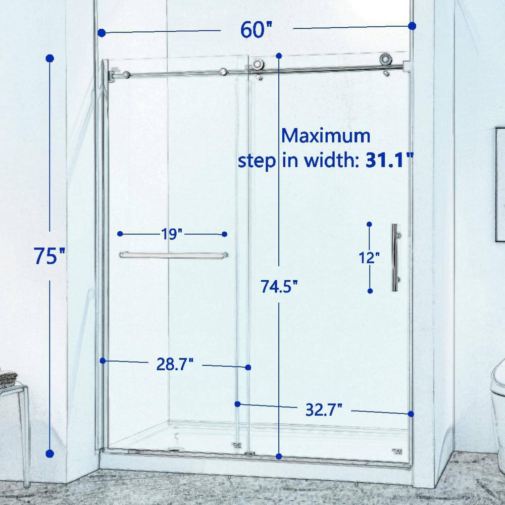 CASAINC 56-60 in. W x 75 in. H Single Sliding Semi-Frame 304 Stainless Steel Shower Door in Chrome with 5/16 in. Clear Glass