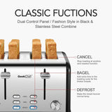 1650 W 4-Slice Silver Wide Slot Toaster with Dual Control Panels of Bagel, Defrost and Cancel Function