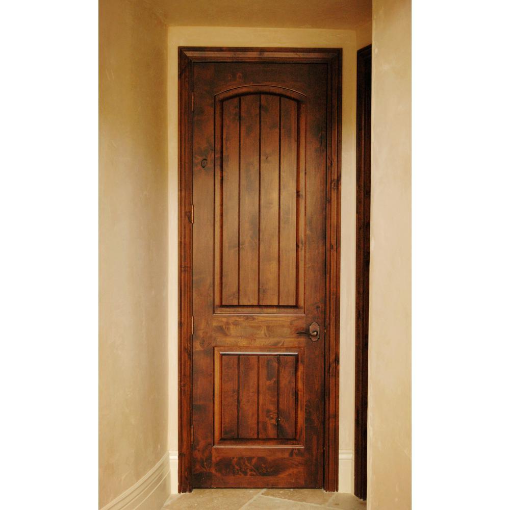 30 in. x 80 in. Knotty Alder 2 Panel Top Rail Arch with V-Groove Solid Wood Core Interior Door Slab - Super Arbor