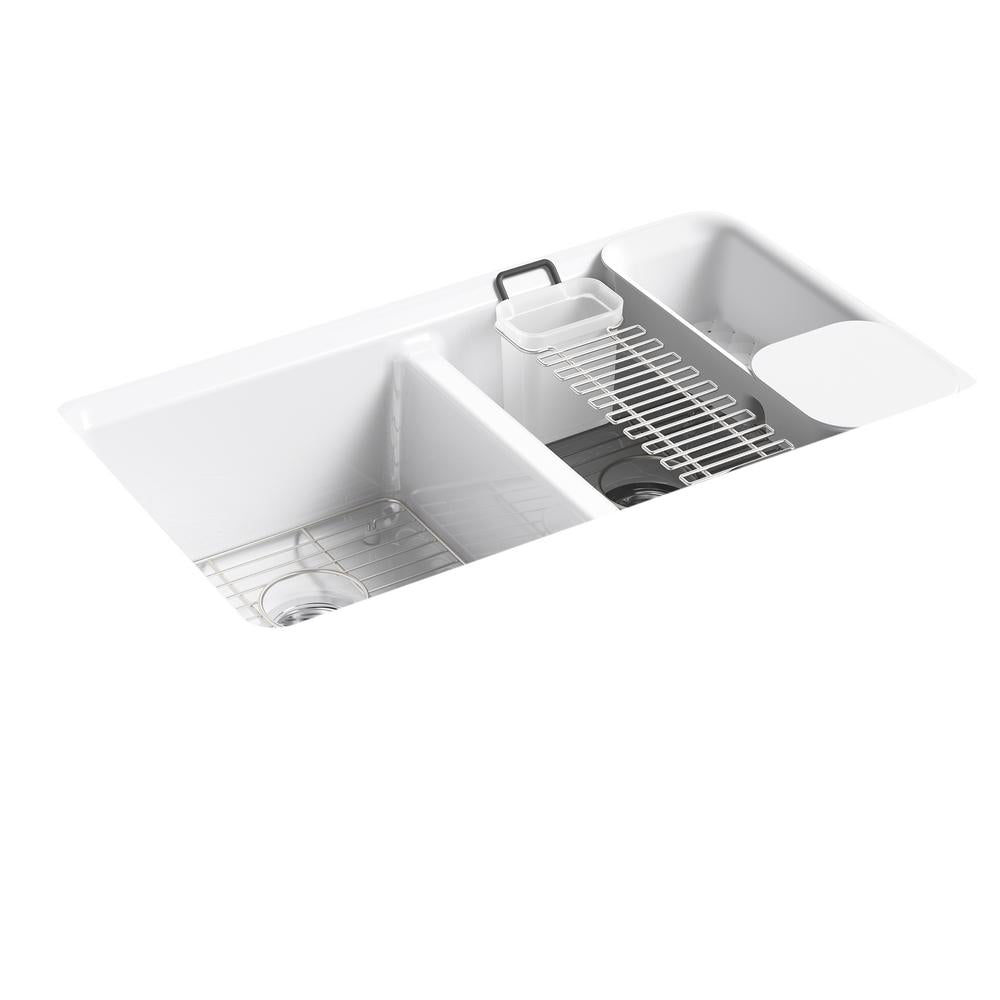 Riverby Workstation Undermount Cast Iron 33 in. 5-Hole Double Bowl Kitchen Sink Kit in White with Accessories - Super Arbor