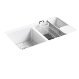 Riverby Workstation Undermount Cast Iron 33 in. 5-Hole Double Bowl Kitchen Sink Kit in White with Accessories - Super Arbor