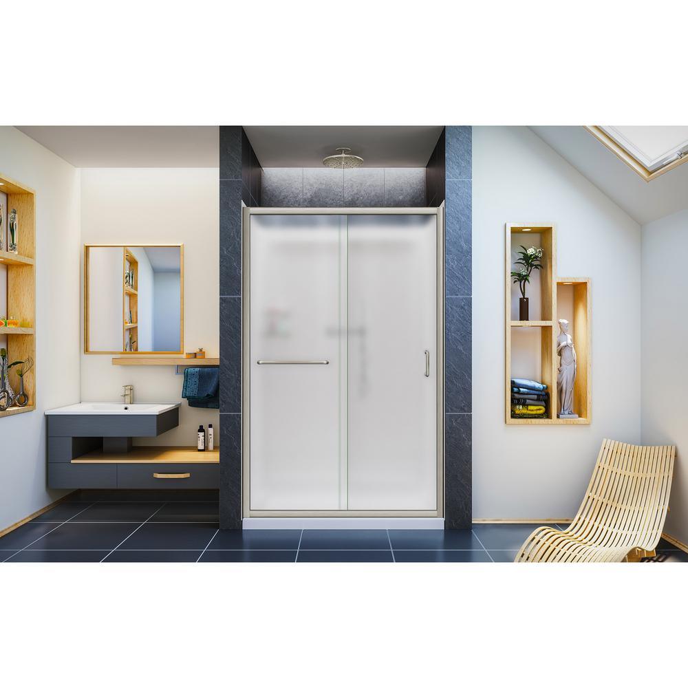 Infinity-Z 36 in. x 48 in. Semi-Frameless Sliding Shower Door in Brushed Nickel with Center Drain Base and BackWalls - Super Arbor