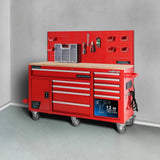 62 in. W x 22 in. D 10-Drawer Tool Chest Cabinet with Pegboard Back Wall Heavy-Duty Mobile Workbench in Red - Super Arbor