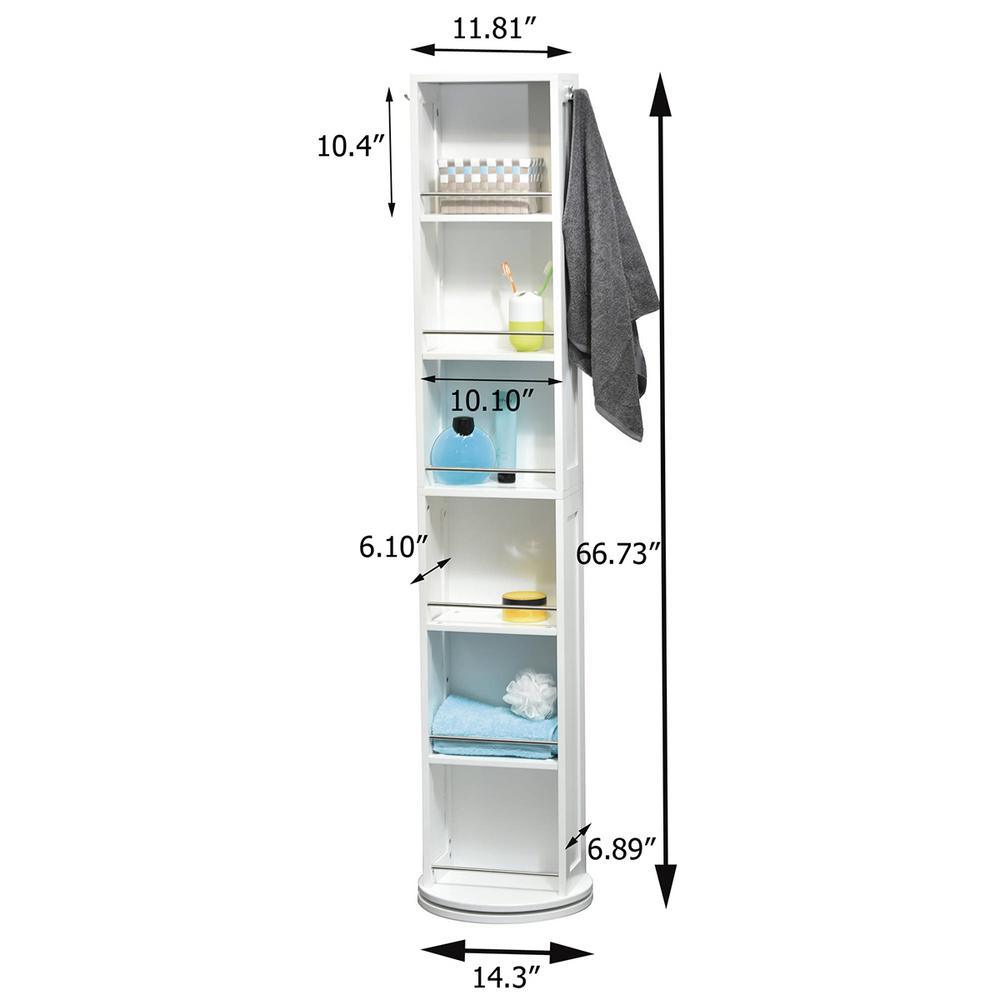 11.81 in. L x 6.89 in. W x 66.73 in. H Swivel Storage Cabinet Organizer Tower Free Standing Linen Tower Mirror in White - Super Arbor