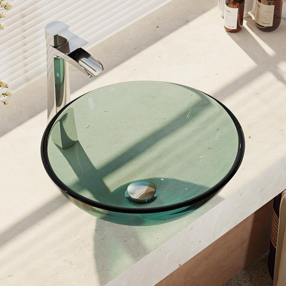 Glass Vessel Sink in Crystal with R9-7007 Faucet and Pop-Up Drain in Chrome - Super Arbor