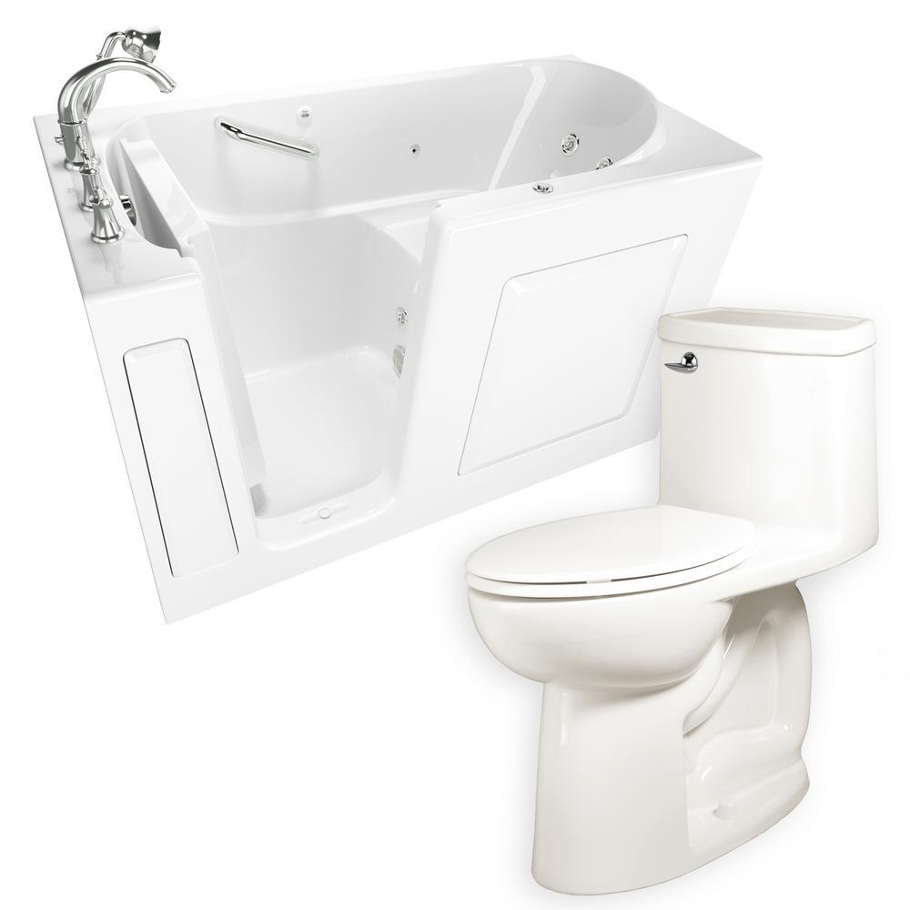 Whirlpool Left-Hand 28 in. x 48 in. Walk-In Bath, Roman Tub Filler, and Cadet 3 FloWise Tall Height Toilet in White - Super Arbor