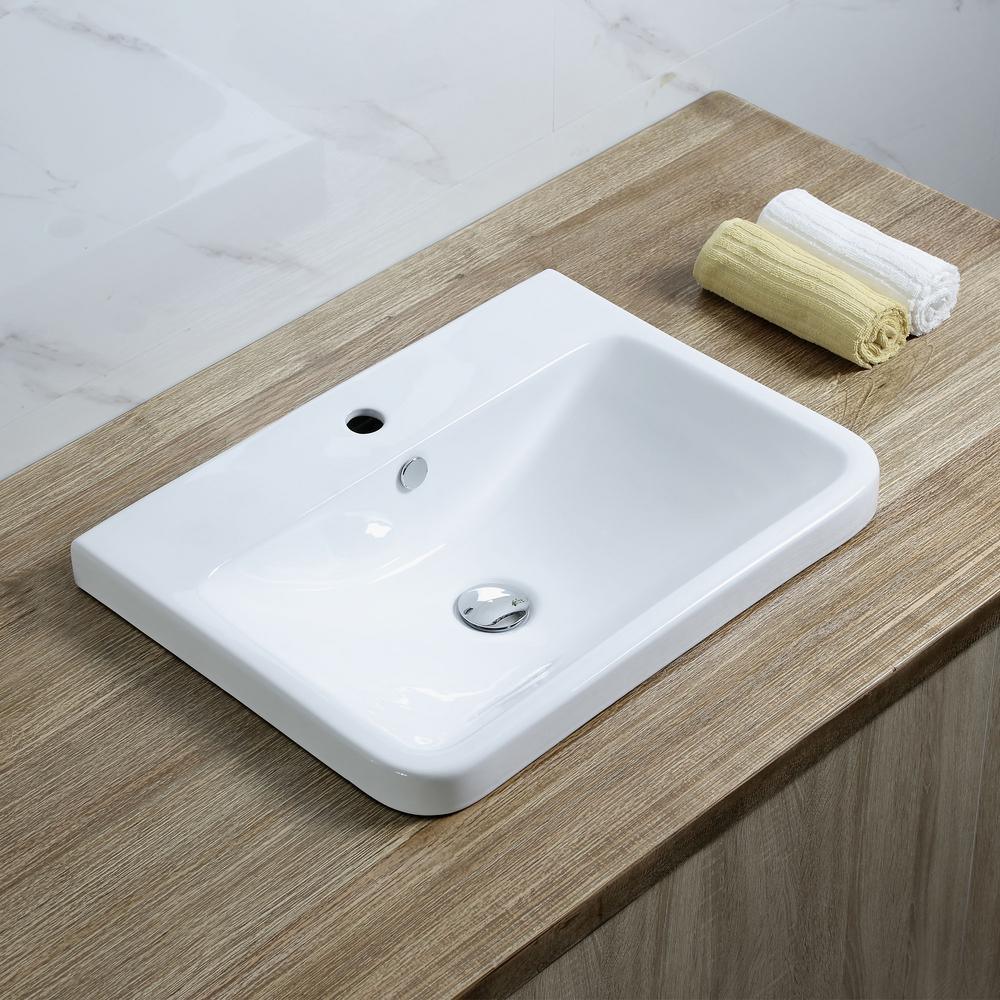 Rectangular 24 in. Drop-In Ceramic Bathroom Sink in White - Super Arbor