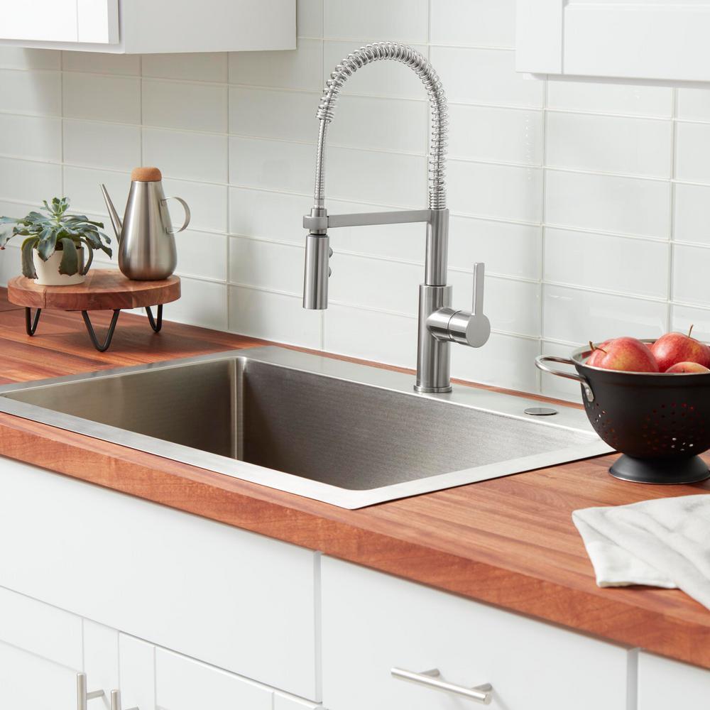 Statham Single-Handle Coil Spring Neck Kitchen Faucet with TurboSpray and FastMount in Stainless Steel - Super Arbor