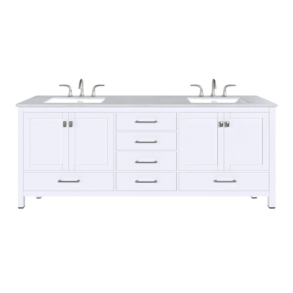 Eviva Frontier 84"W x 22"D White Double Sink Bathroom Vanity with White Carrara Marble Countertop and Undermount Porcelain Sinks