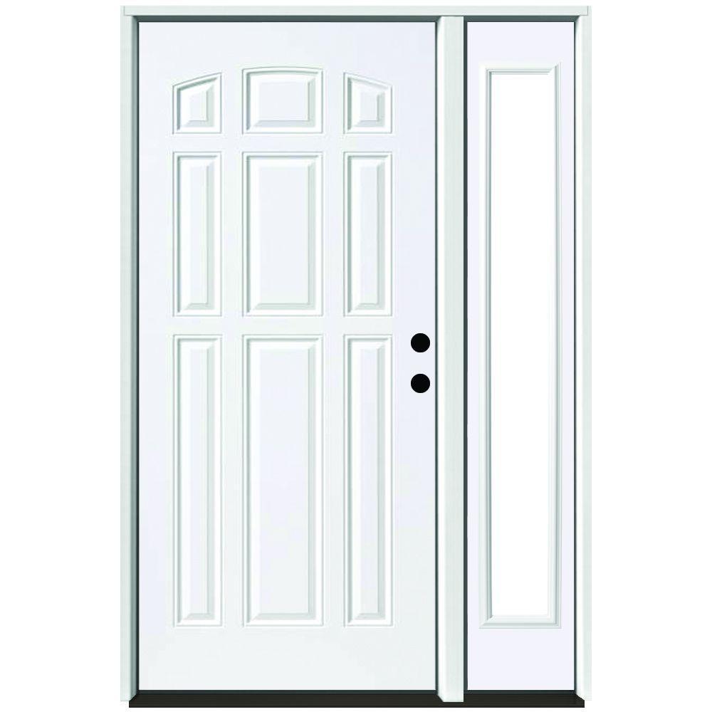 53 in. x 80 in. 9-Panel Primed White Right-Hand Steel Prehung Front Door with 14 in. Clear Glass Sidelite 4 in. Wall - Super Arbor