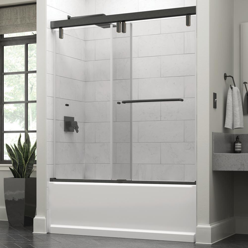 Portman 60 x 59-1/4 in. Frameless Mod Soft-Close Sliding Bathtub Door in Nickel with 3/8 in. (10mm) Clear Glass - Super Arbor