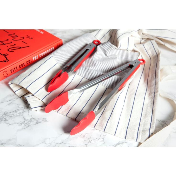 Stainless Steel and Silicone Locking Red Tongs (Set of 2)