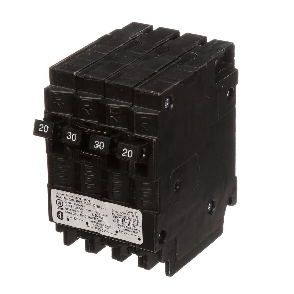 Triplex 2-Outer 20 Amp Single-Pole and 1-Inner 30 Amp Double-Pole Circuit Breaker
