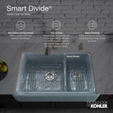 Whitehaven Smart Divide Self-Trimming Farmhouse Apron Front Cast Iron 36 in. Double Bowl Kitchen Sink in White - Super Arbor