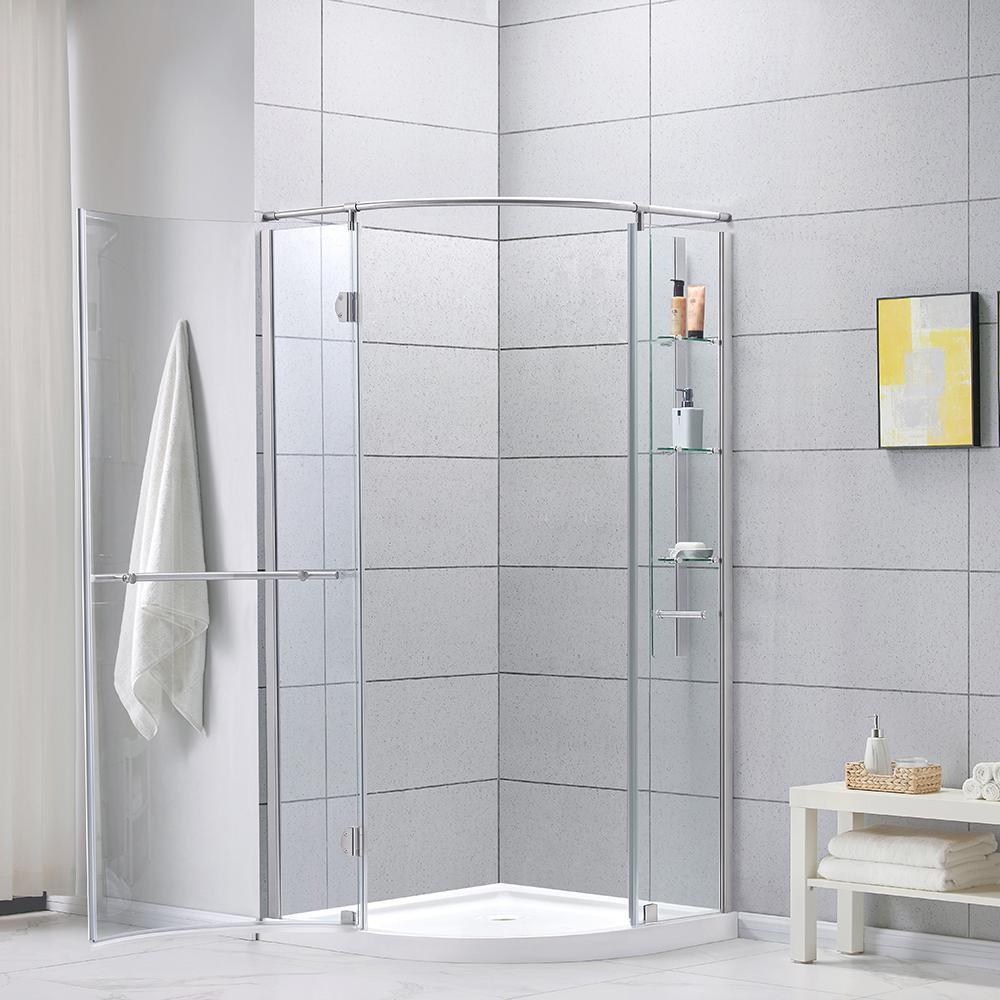 Glamour 38 in. x 73.90 in. Semi-Frameless Pivot Corner Shower Door in Satin Nickel with 38 in. x 38 in. Base in White - Super Arbor