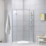 Glamour 38 in. x 73.90 in. Semi-Frameless Pivot Corner Shower Door in Satin Nickel with 38 in. x 38 in. Base in White - Super Arbor