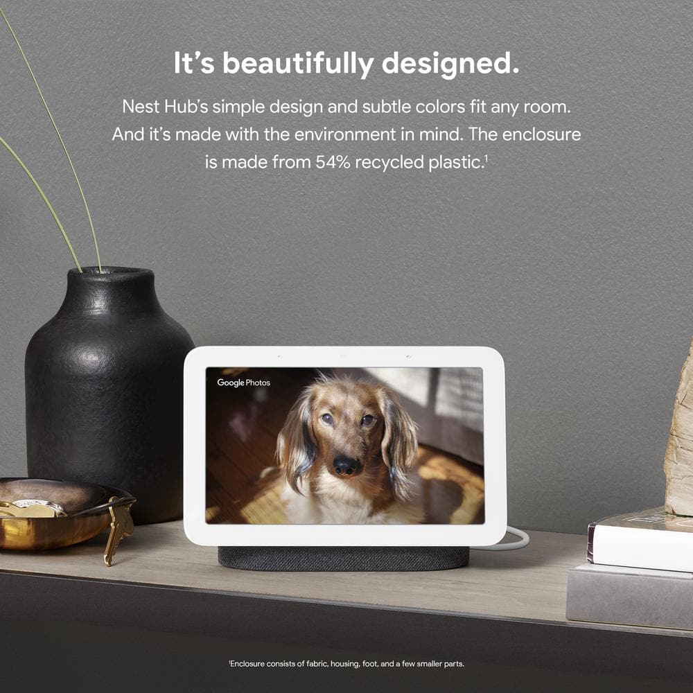 Google Nest Hub 2nd Gen Smart Home Speaker and 7" Display in Charcoal with Defiant Smart HubSpace Plug with 1 Outlet (2-Pack)