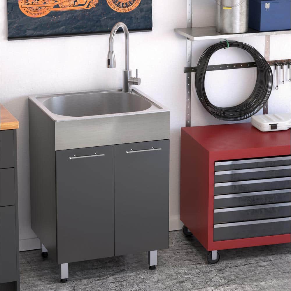RUGGED TUB 24 in. Charcoal Utility Cabinet with Brushed Aluminum Apron & Stainless Steel Sink