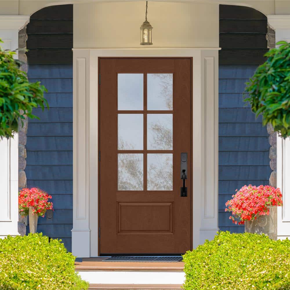 Steves & Sons Regency 36 in. x 80 in. 3/4-6-Lite Clear Glass RHOS Chestnut Stain Mahogany Fiberglass Prehung Front Door